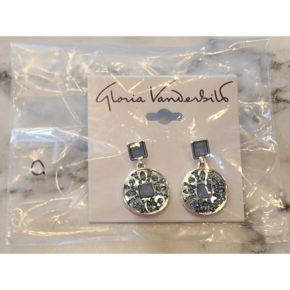 Gloria Vanderbilt Silver Tone & Blue Crystal Drop Earrings Square Round Accents - Picture 2 of 5